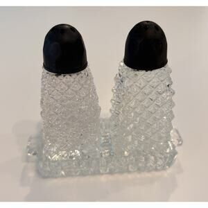 Vintage Small Pressed Glass Salt and Pepper Shaker Set Black Tops Tray Japan 3"